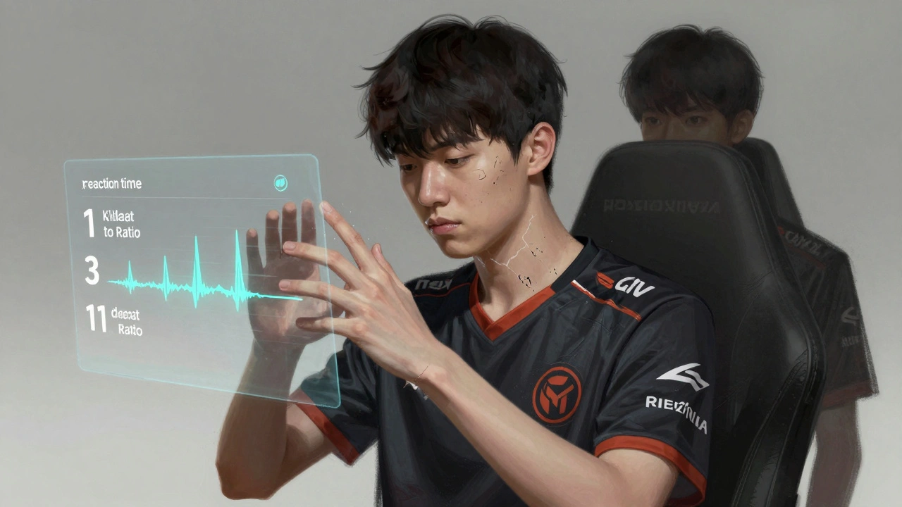 A pro gamer surrounded by digital performance metrics while their body physically deteriorates, symbolizing identity loss.