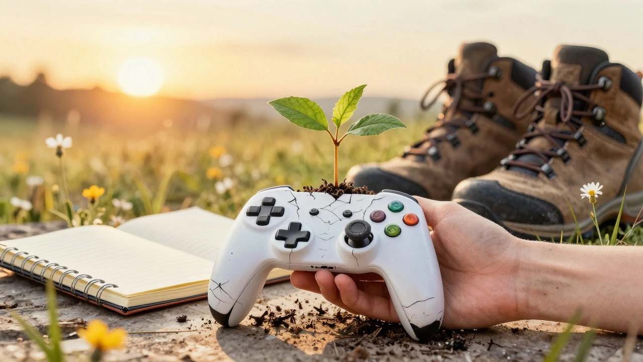 A seedling growing from a cracked game controller, surrounded by nature and outdoor items under a sunset.