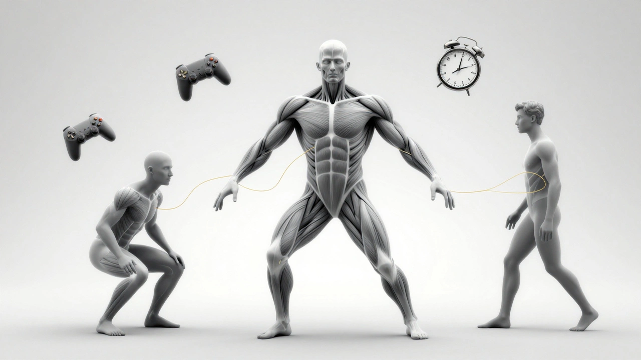 A silhouette of a human body with fading muscle fibers, reconnecting to movement through golden threads of exercise.