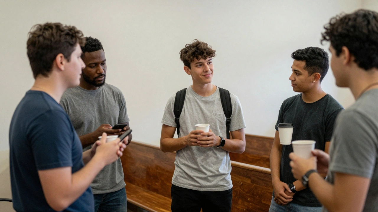 A small group of people chatting warmly in a community room, no devices in sight.
