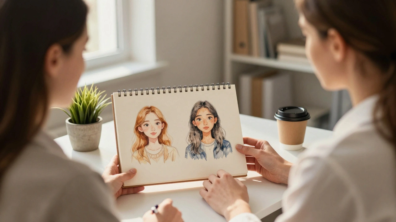 A therapy session where a young woman and counselor connect over sketches of real life and gaming, bathed in warm light.