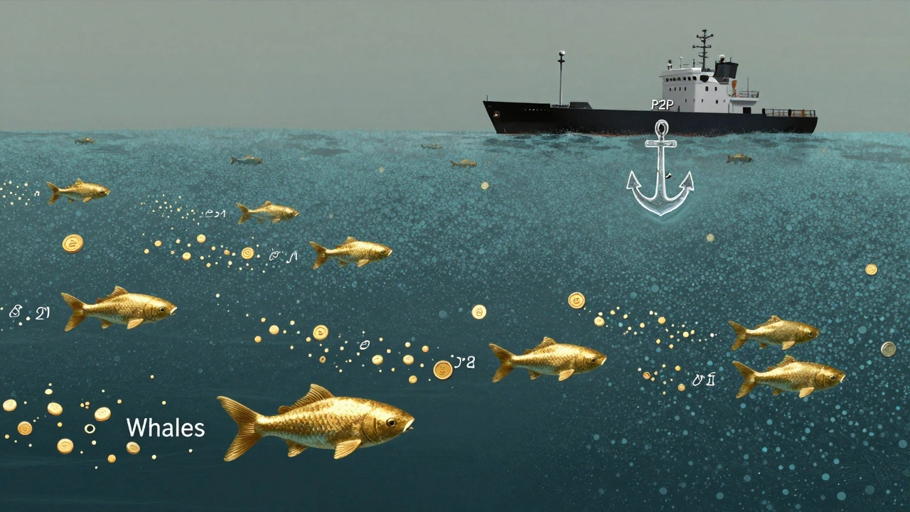 An ocean of casual players with a few large golden whales representing high-spending F2P users, alongside a single P2P ship.