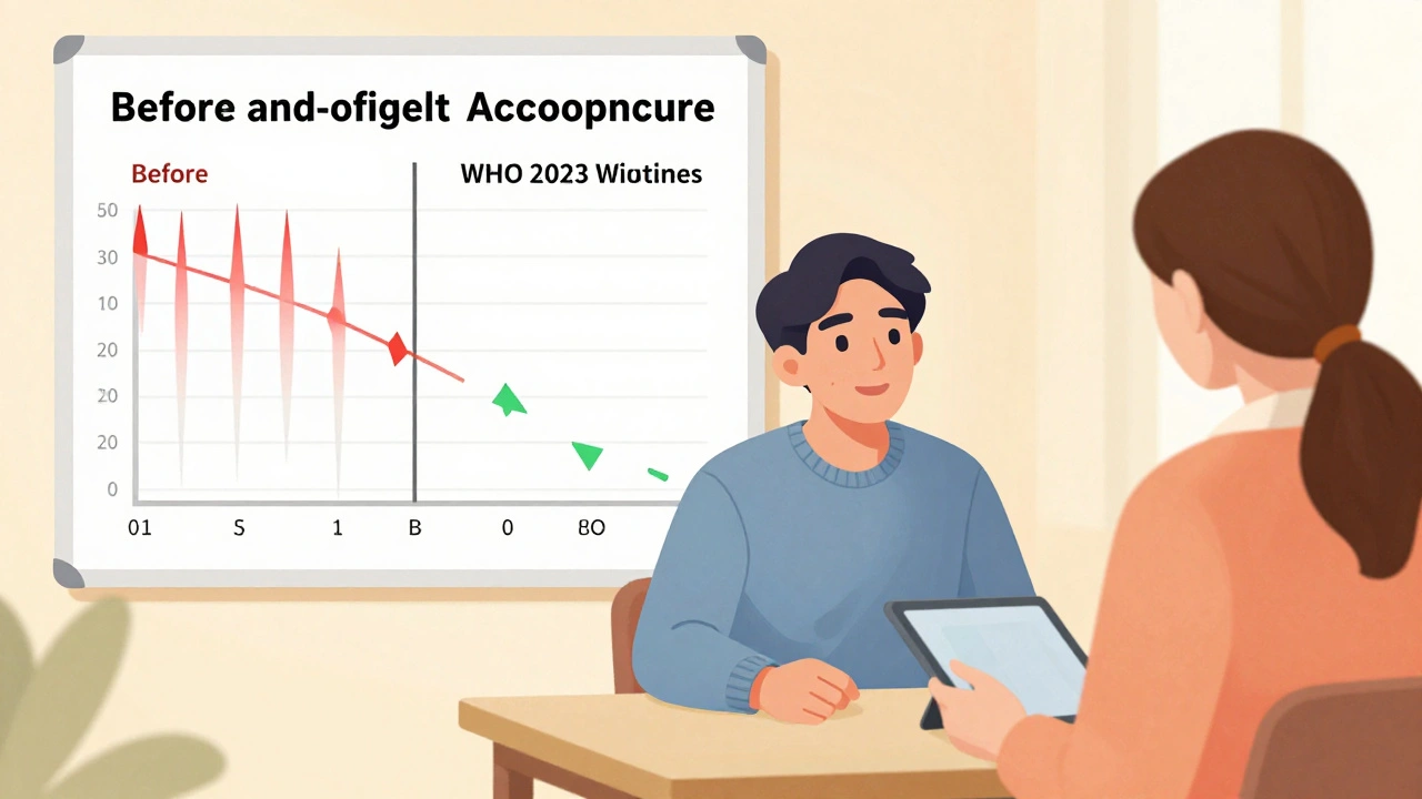 Counselor’s office showing improved survey outcomes, student talking calmly with staff.
