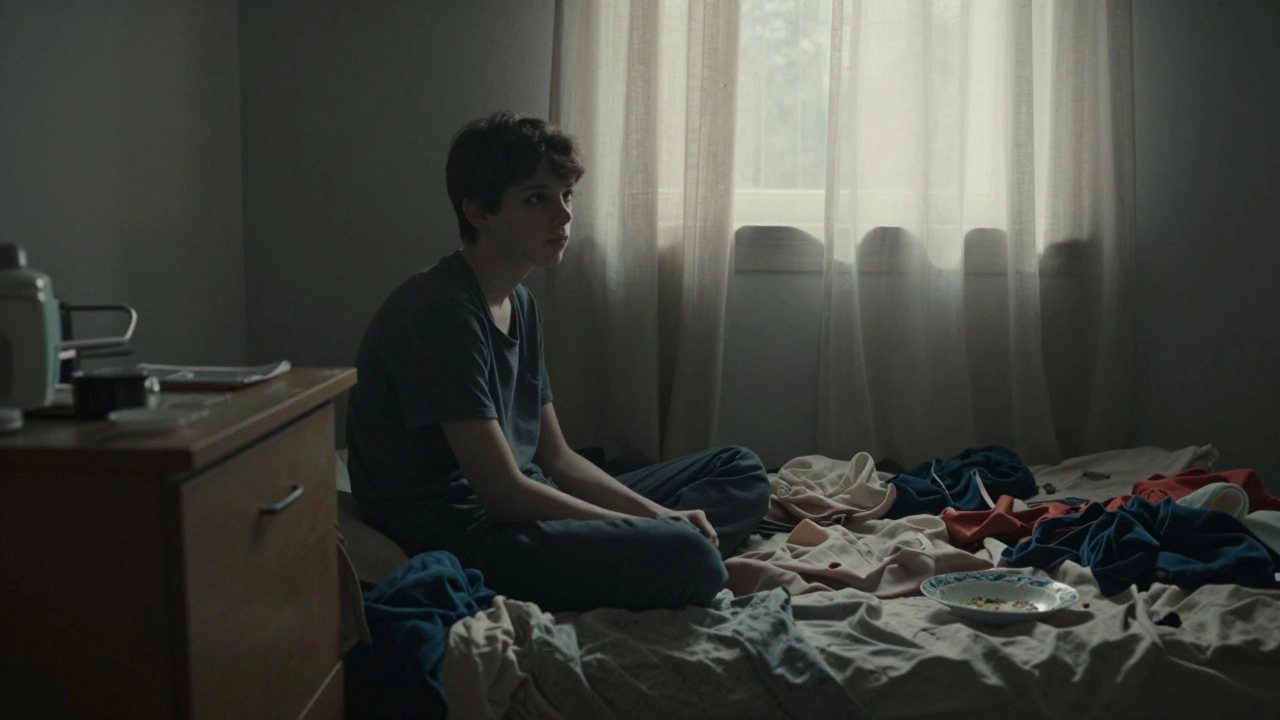 Exhausted teen in messy room showing invisible signs of behavioral addiction.