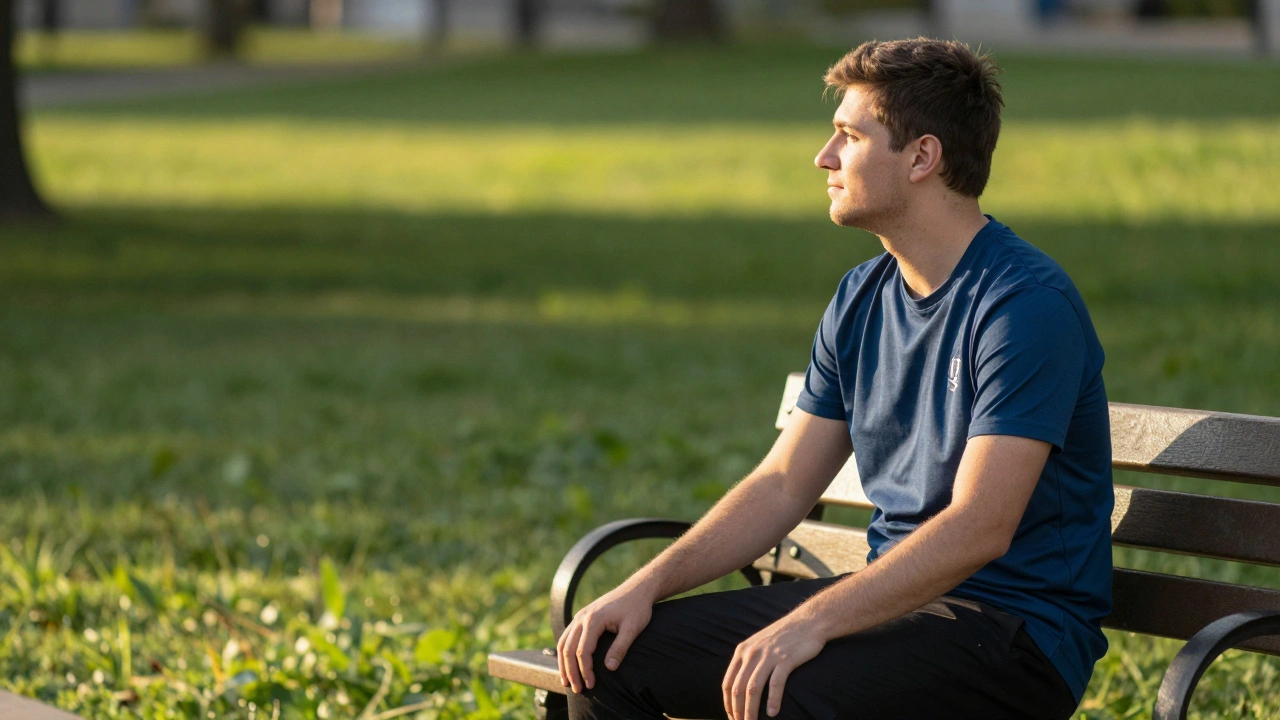Former professional gamer sitting calmly in sunlight away from screens.