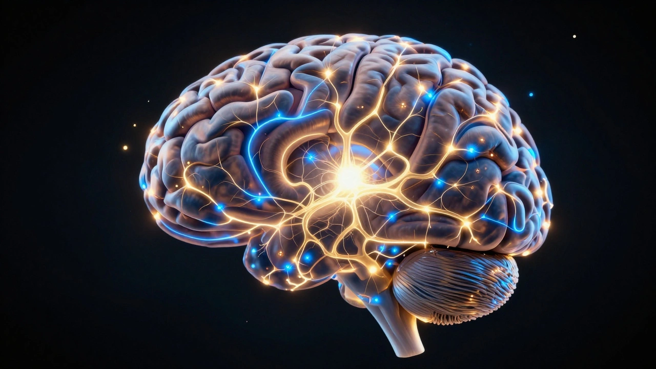 Glowing neural pathways inside a stylized brain illustration