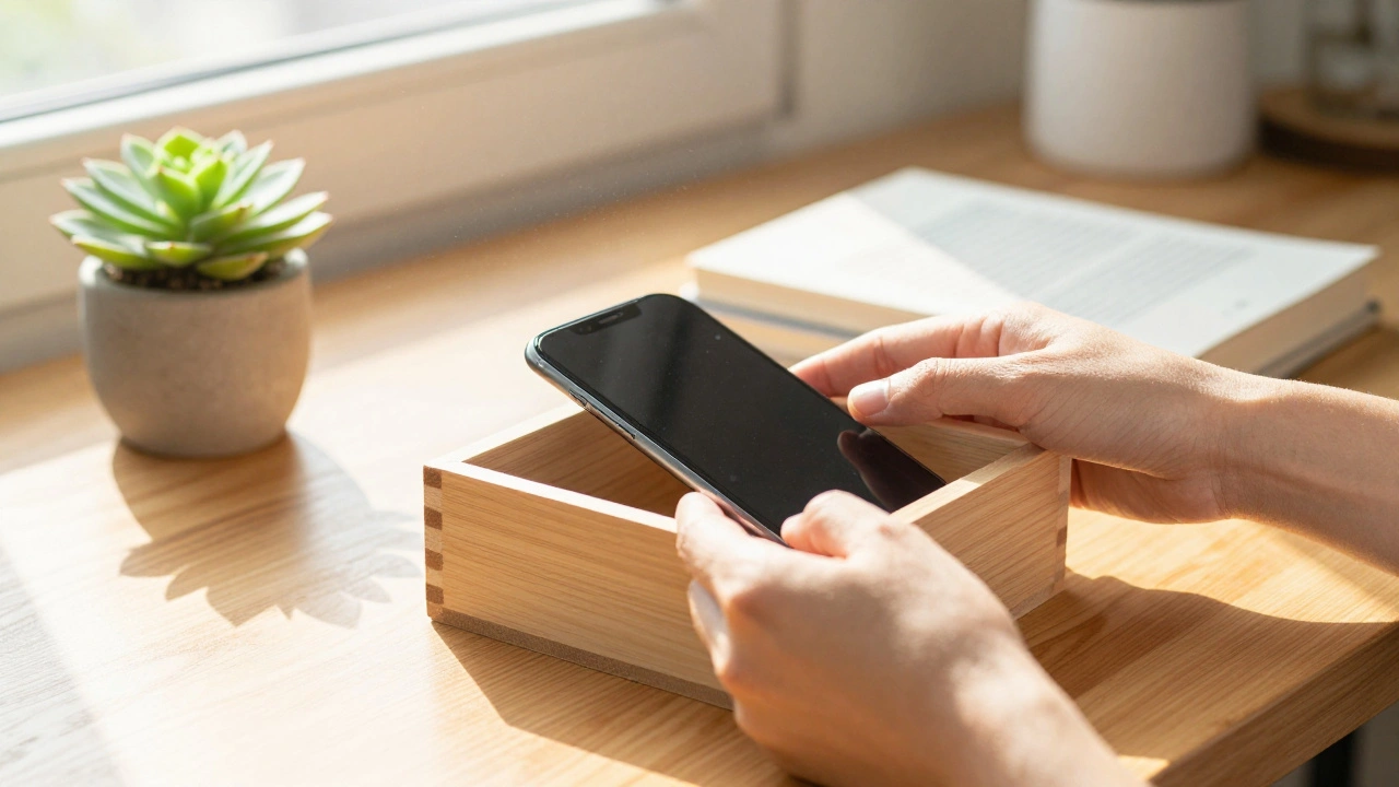 Hand placing smartphone in wooden box.