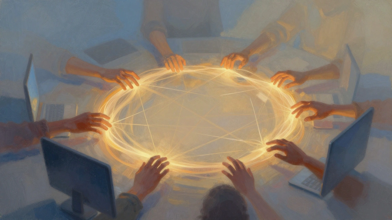 Illustration of connected hands with technology in shadows