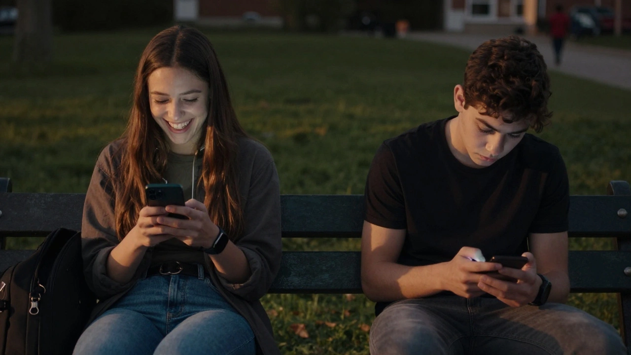 One teen gaming happily with friends, another isolated and tired, same park setting.
