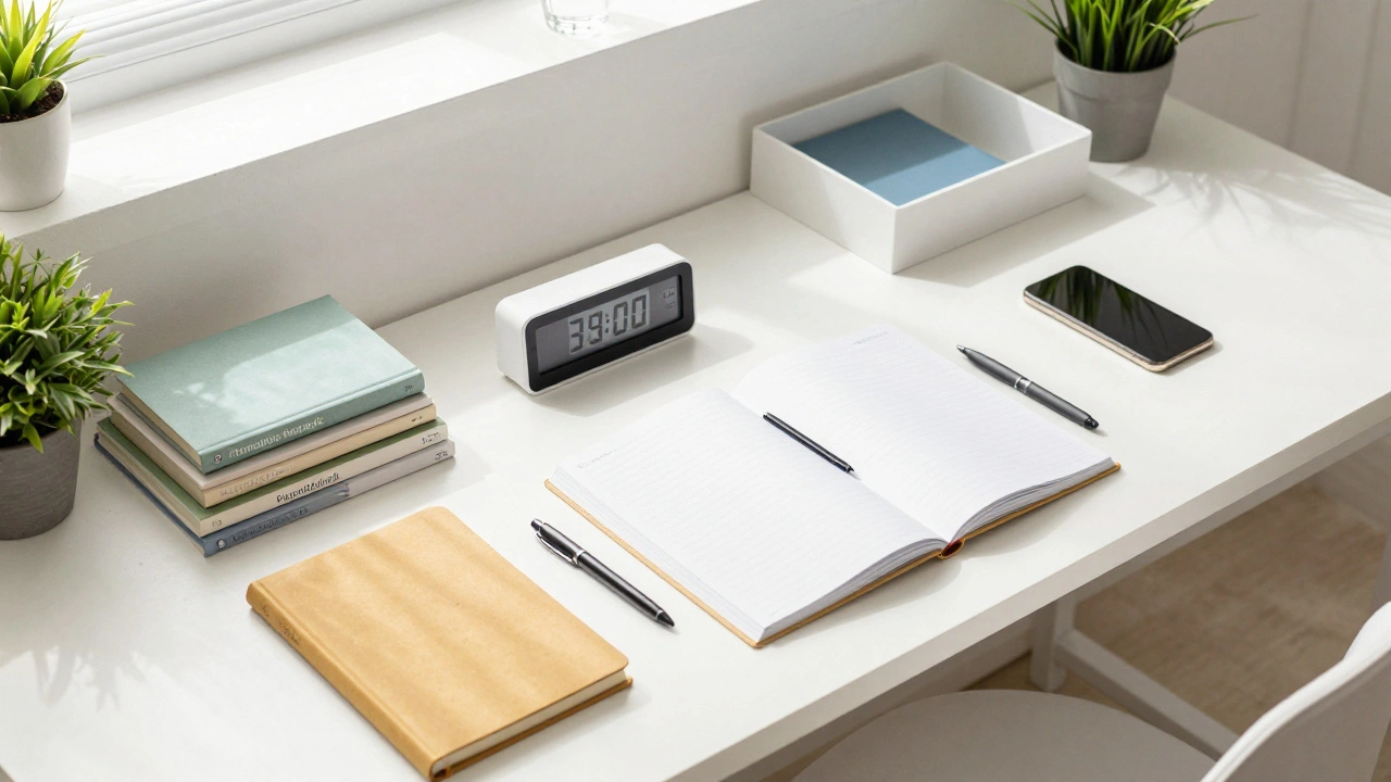 Organized study desk setup with timer and minimal distractions