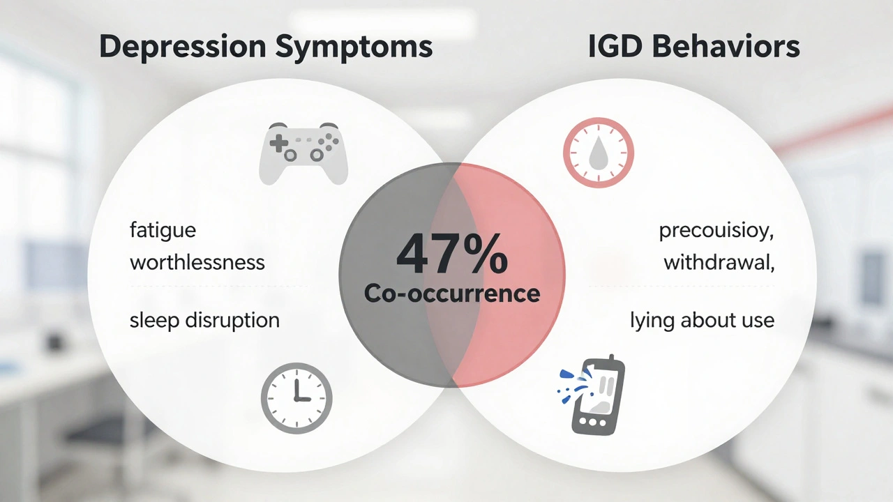 Overlapping medical diagrams showing depression and Internet Gaming Disorder symptoms with a 47% co-occurrence rate.