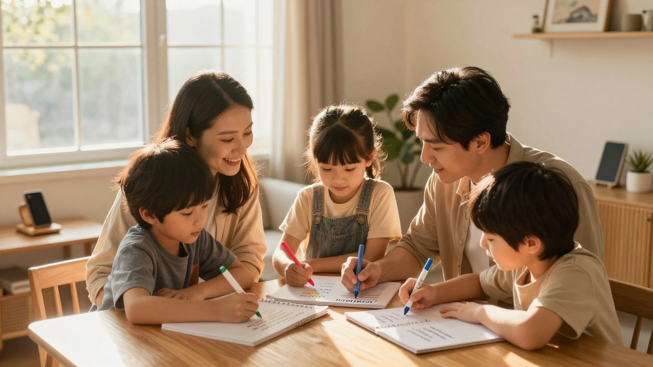 Parents and children writing family rules together at table
