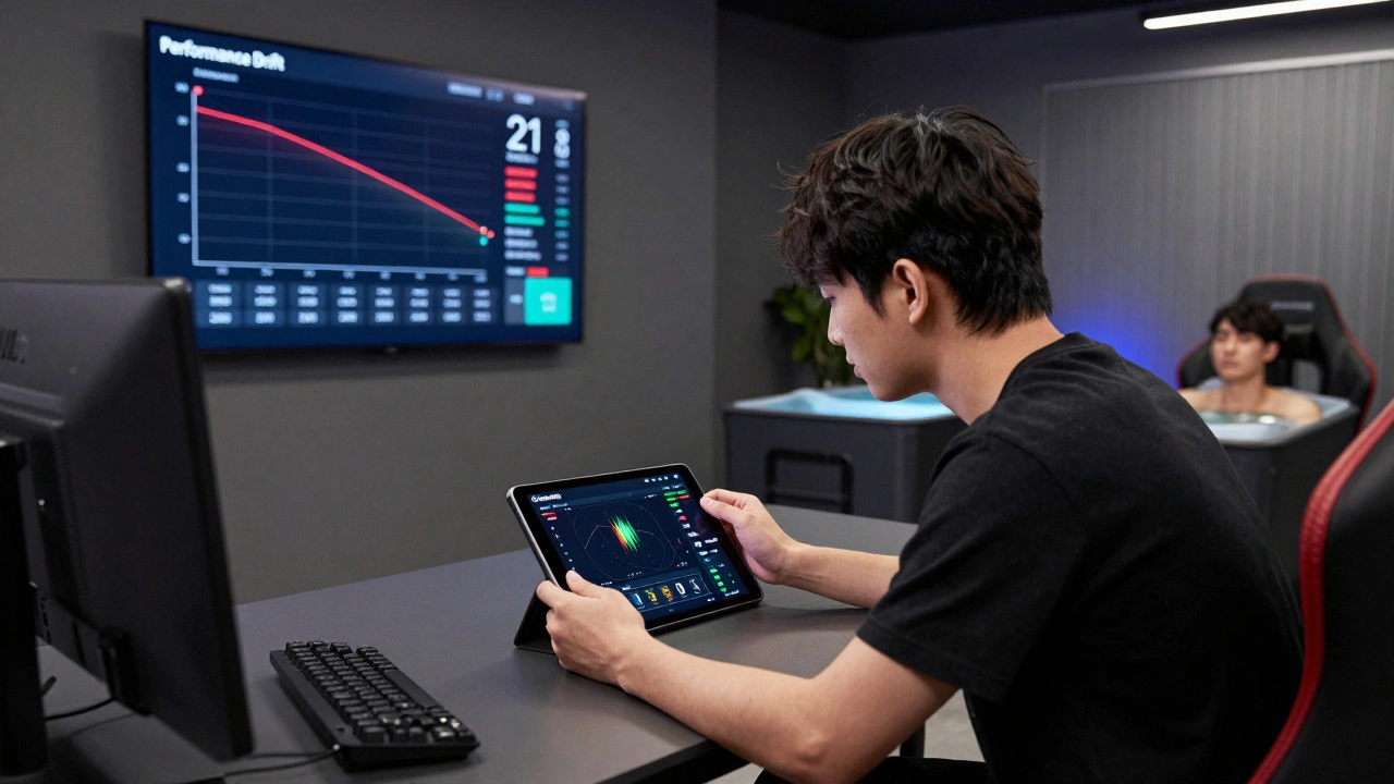 Performance psychologist reviewing gaming data patterns with a professional player in a training facility.