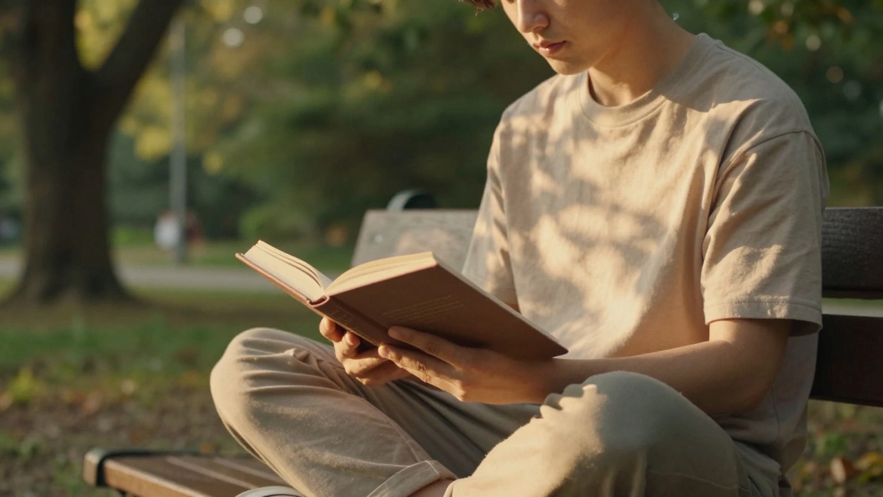 Person doing digital detox reading physical book in peaceful outdoor setting