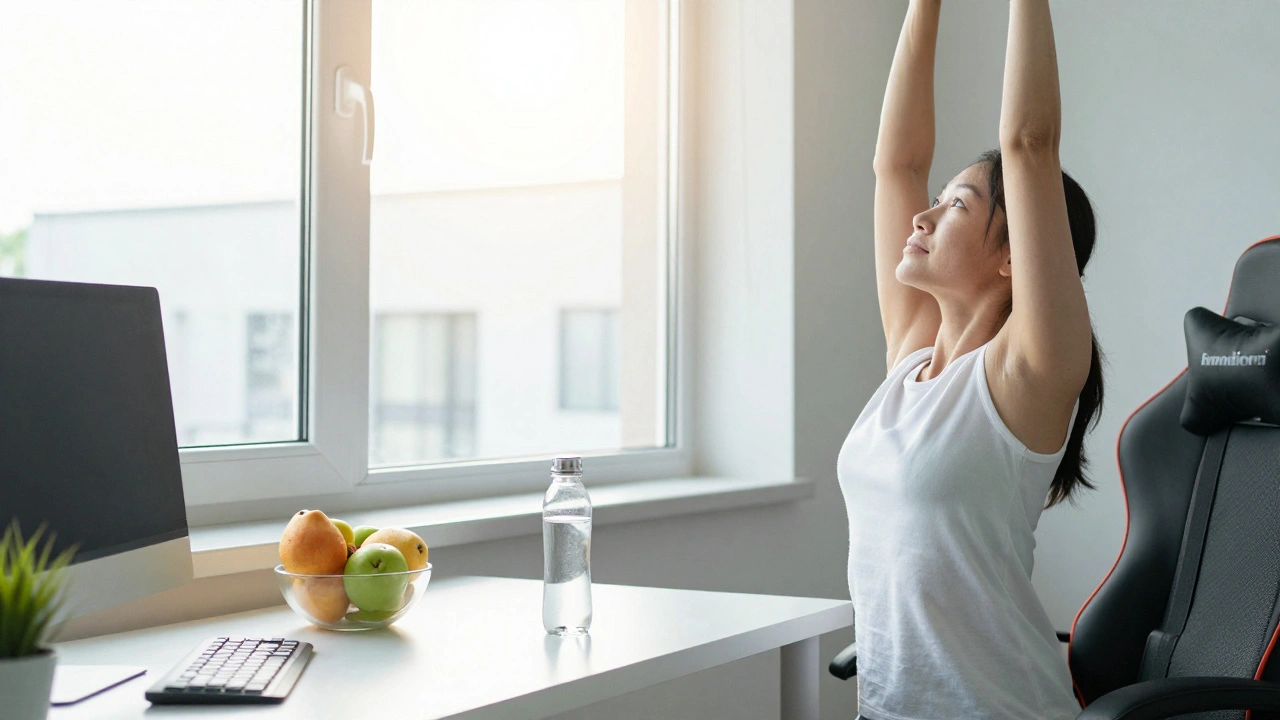 Person stretching away from gaming desk toward natural sunlight.