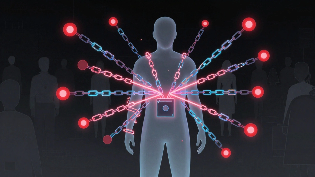 Silhouette chained by floating notification icons.