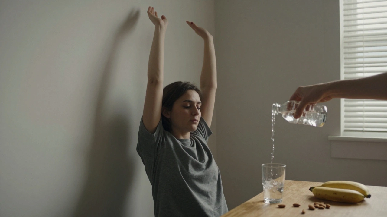 Someone stretching and drinking water near their gaming setup, with healthy snacks visible on the table.