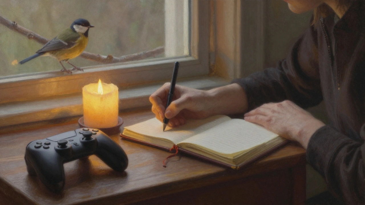 Someone writing in a journal by candlelight, with a gaming controller forgotten in the corner.