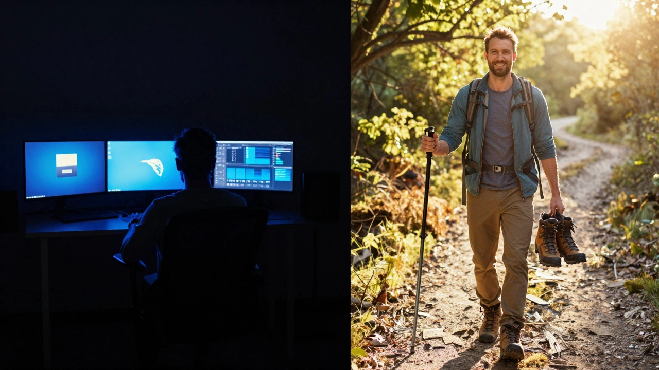 Split image: one side shows someone isolated with gaming screens, the other shows the same person hiking happily with new gear.