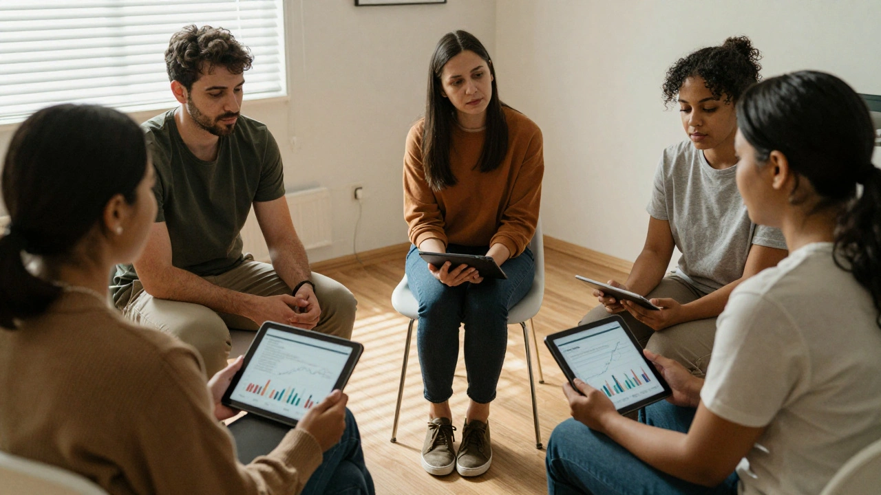 Three adults in a therapy session, calmly reviewing their gaming usage data on tablets with a counselor.