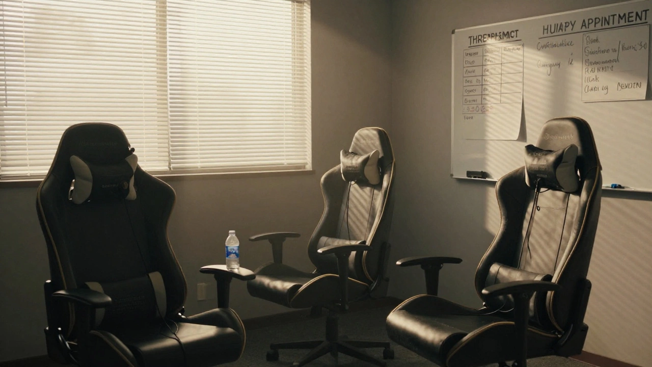 Three empty gaming chairs in a training house at dawn, with a therapy reminder on the board, soft morning light filtering in.