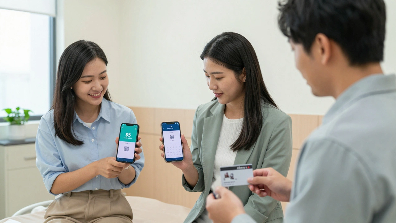 Three people in a clinic room, each holding smartphones showing digital contingency management reward notifications.