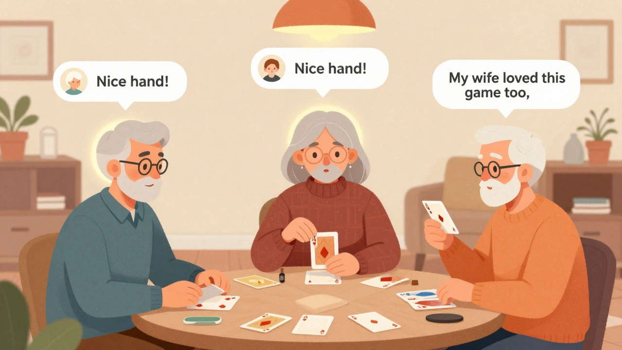 Three senior avatars in a gentle digital card game lobby exchange warm messages, soft pastel tones surrounding them.