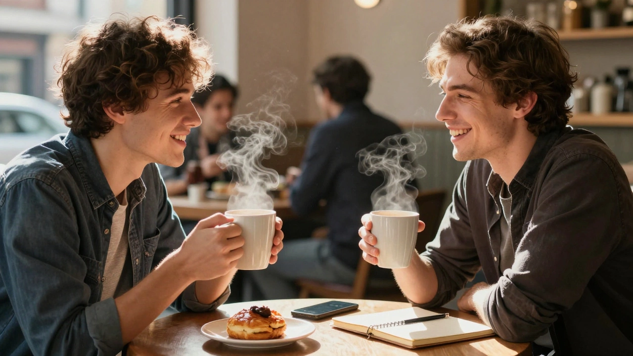 Two friends sharing a quiet, meaningful moment over coffee with no phones in sight.