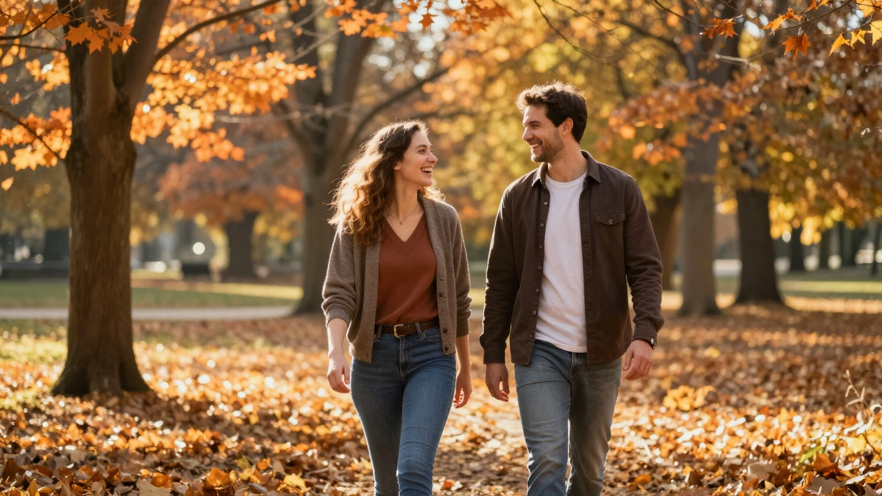 A couple laughing and talking while walking through a sunny autumn park