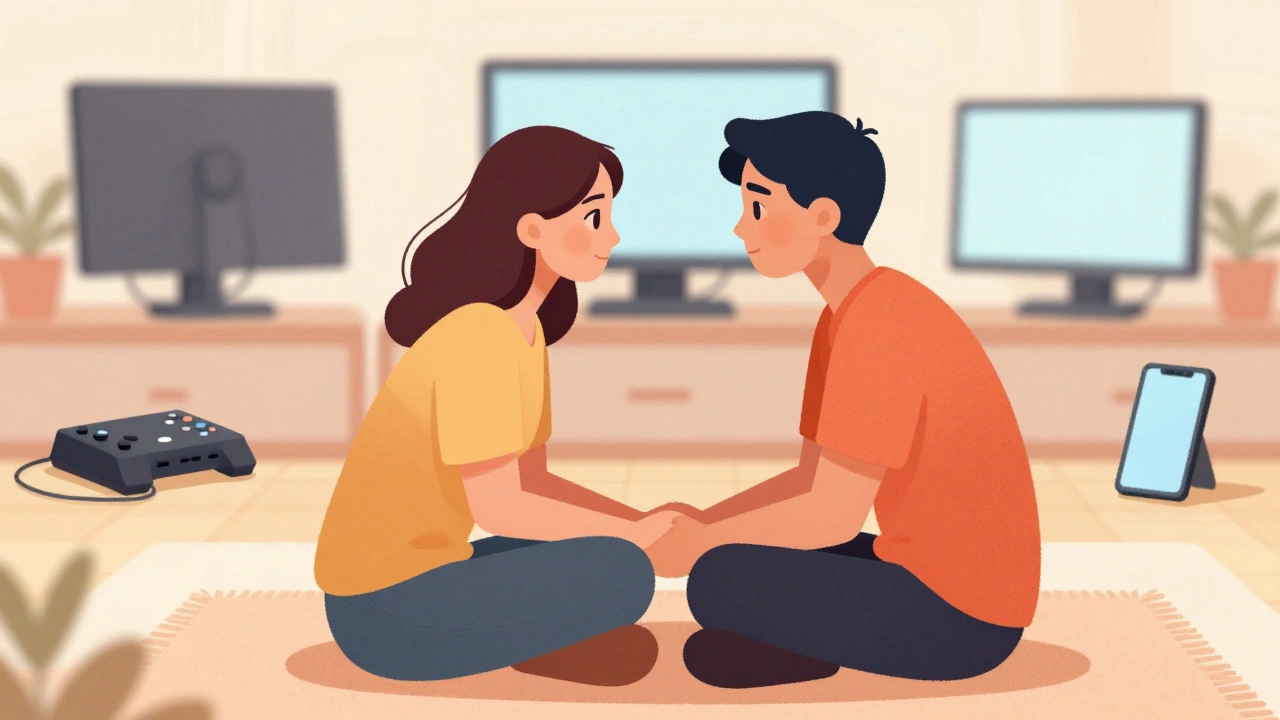 A couple sitting face-to-face with gaming electronics pushed far away in the background