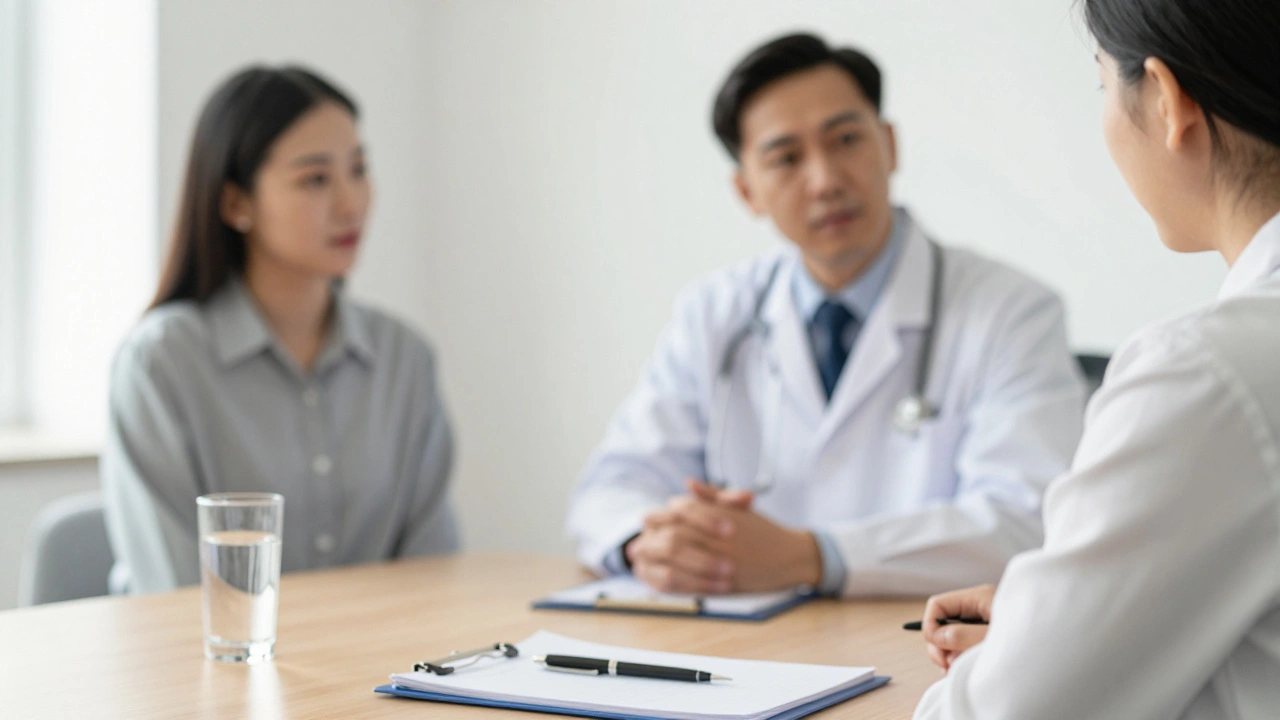 A doctor and patient having a supportive consultation in a bright, modern clinical office.