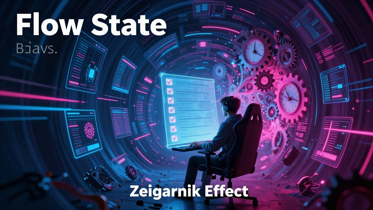 A gamer dissolving into a hypnotic vortex of digital clocks and checklists