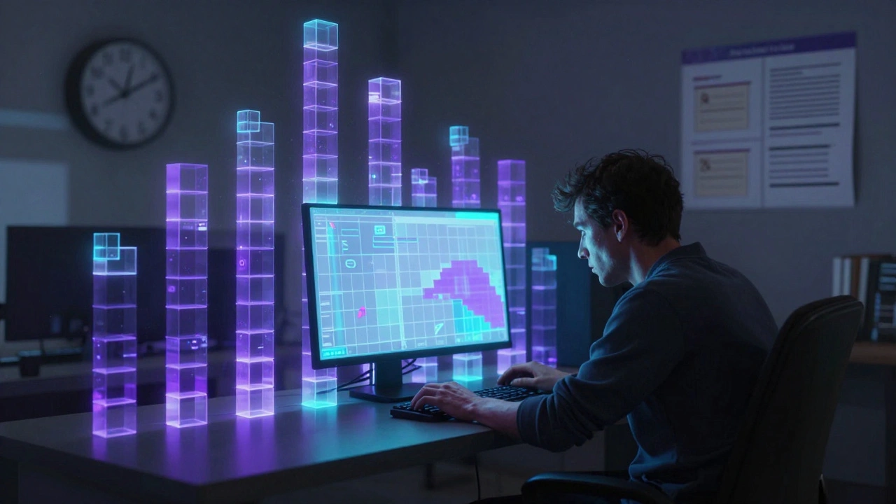 A gamer surrounded by a glowing digital wall that blocks out a stressful office environment.