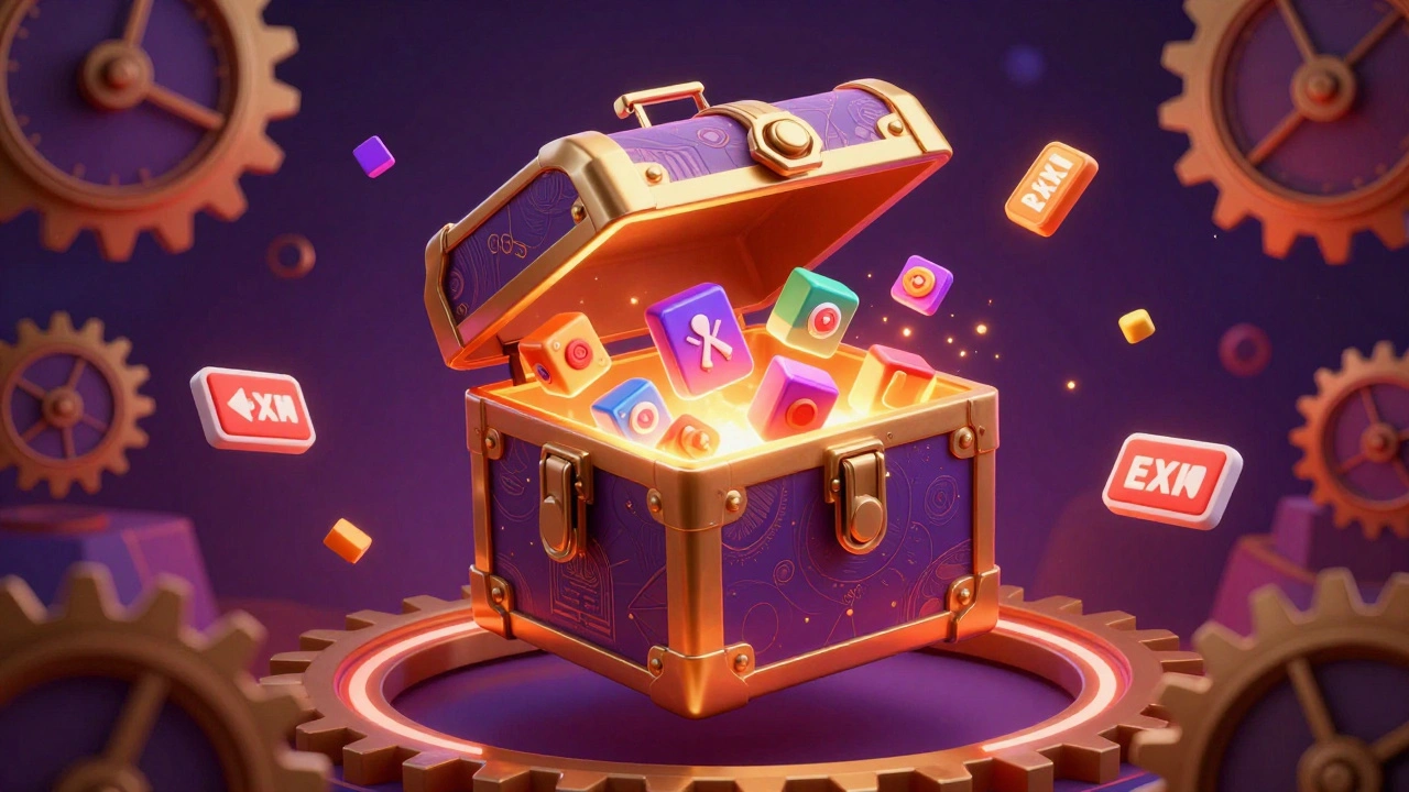 A glowing digital loot box surrounded by countdown timers and psychological gaming traps.