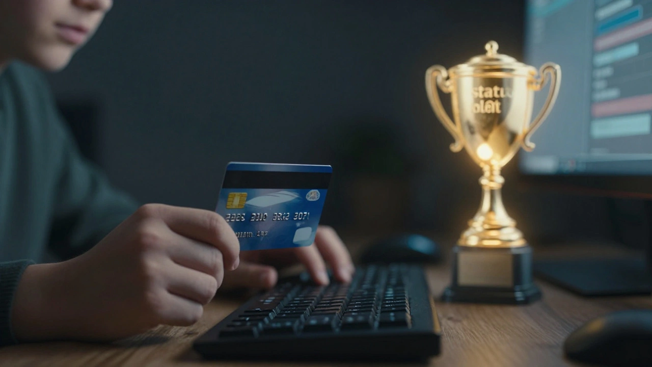 A hand holding a credit card next to a glowing digital game item
