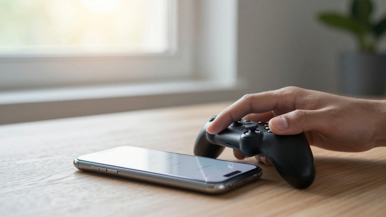 A hand pushing away a game controller to respond to a friend on a smartphone