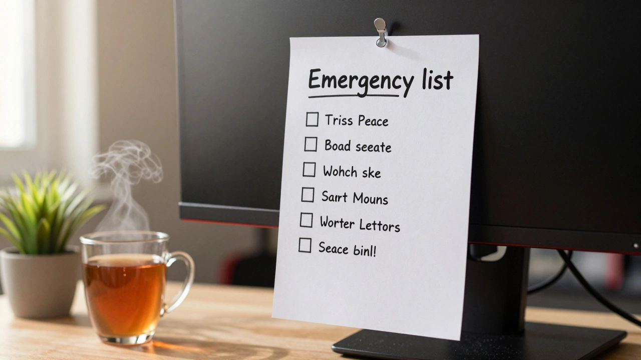 A handwritten emergency checklist taped to the side of a computer monitor on a sunny desk.