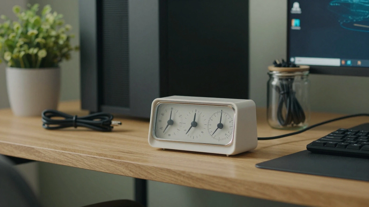A kitchen timer and a stored power cable used as physical boundaries in a home office.