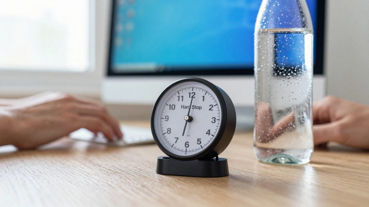 A mechanical timer and water bottle on a table with a gaming screen in the distance.