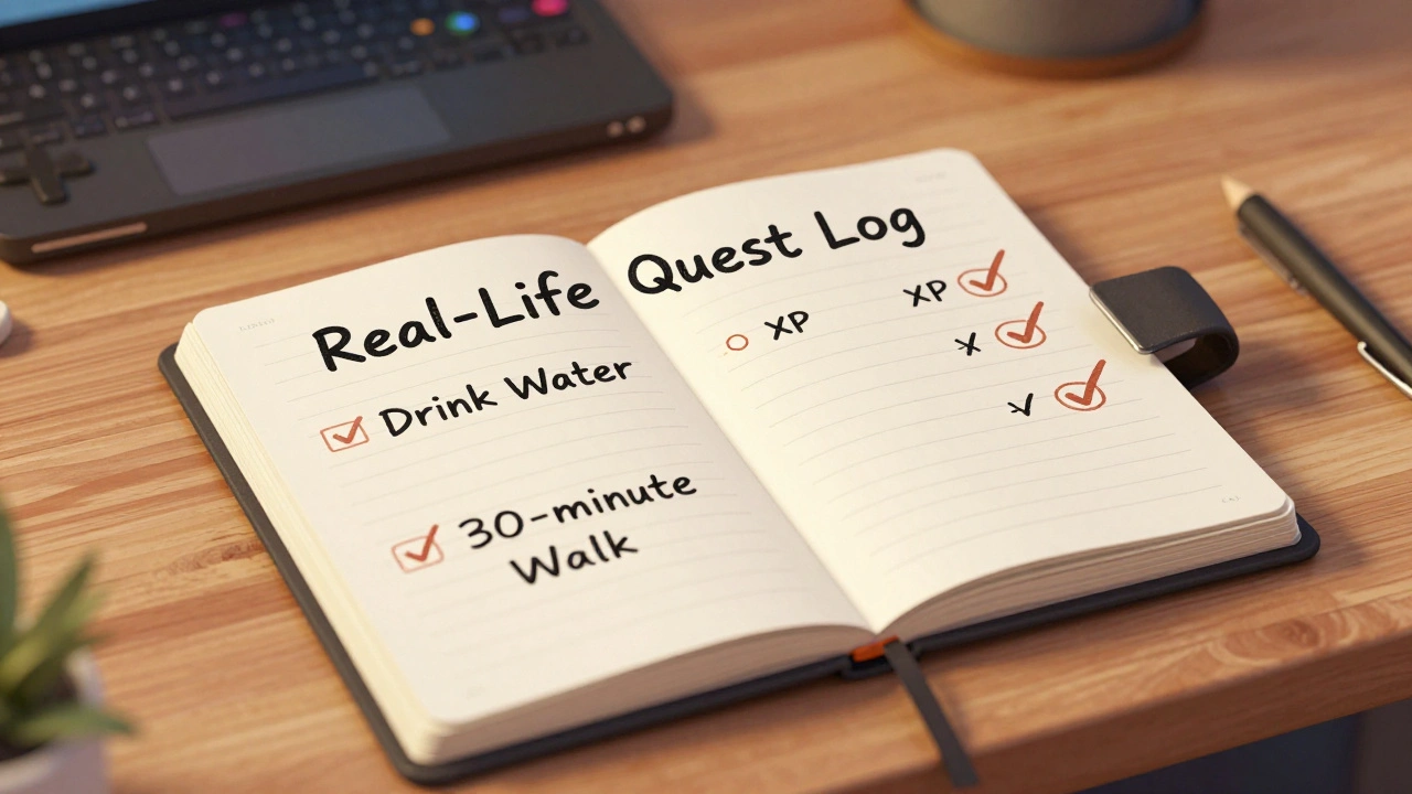 A notebook and whiteboard displaying a gamified to-do list with XP rewards.