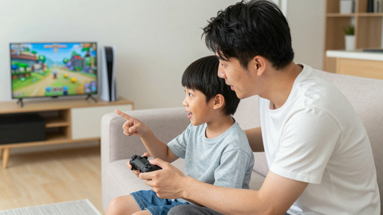A parent and child bonding and talking while playing a video game together in a living room.