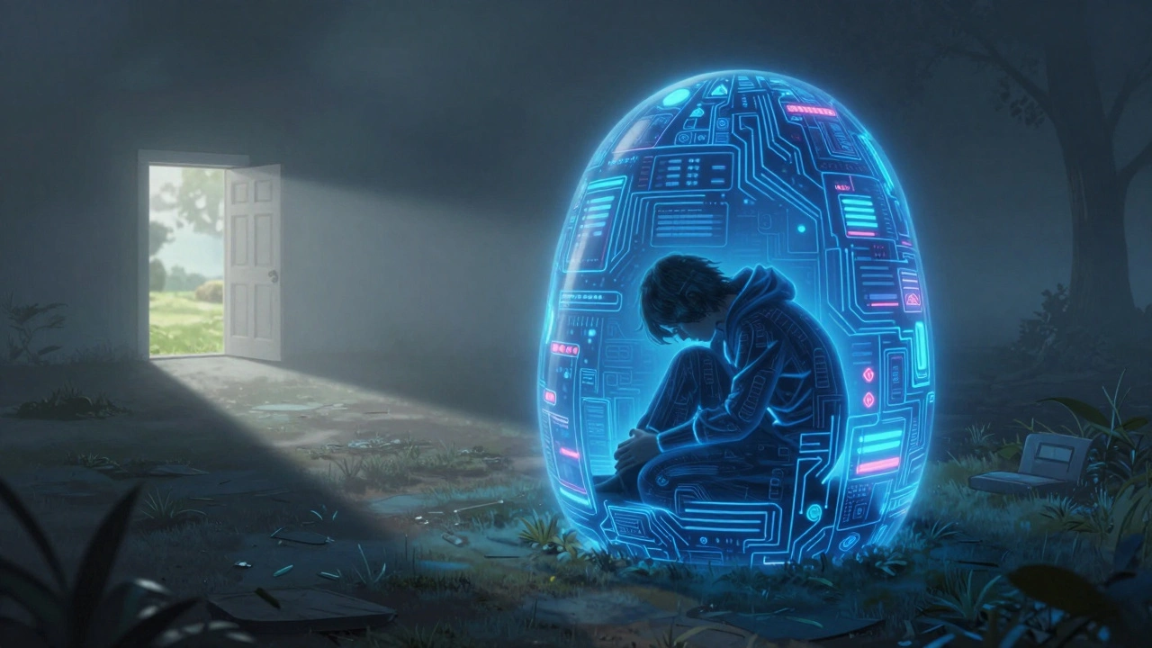A person encased in a digital neon cocoon, shielding themselves from a foggy real world