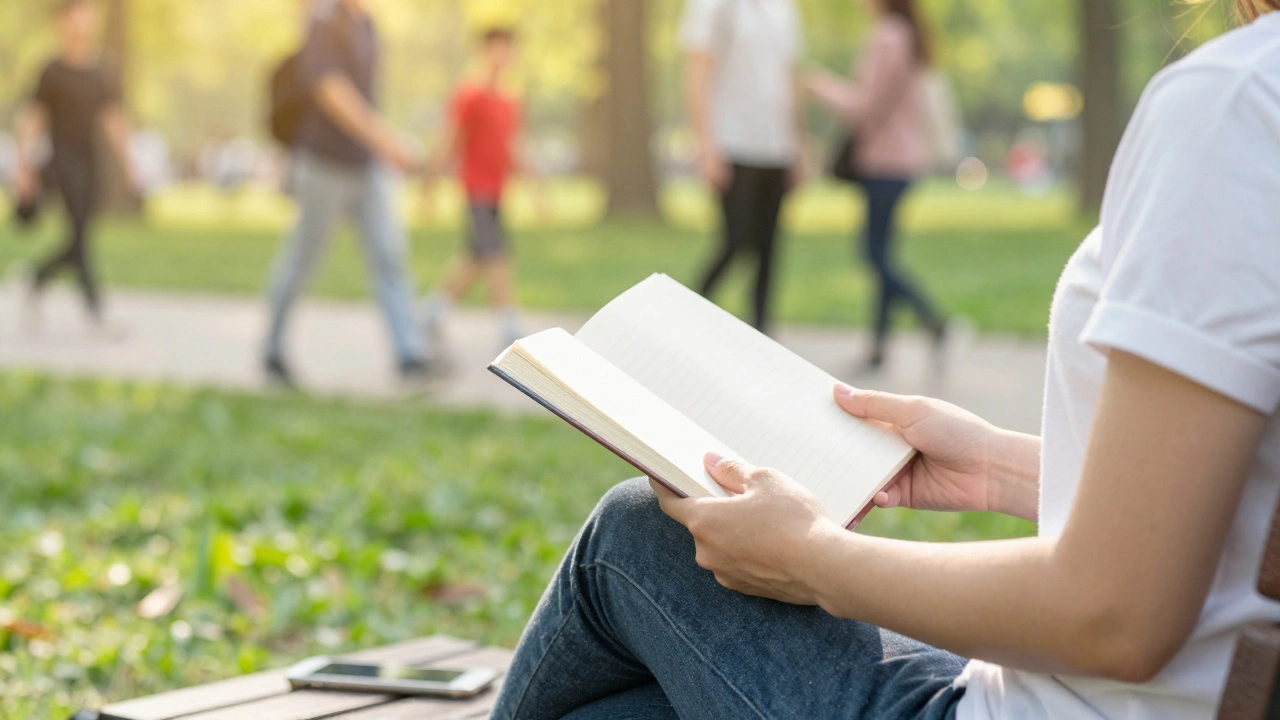 A person enjoying a book in a sunny park, leaving their phone aside.
