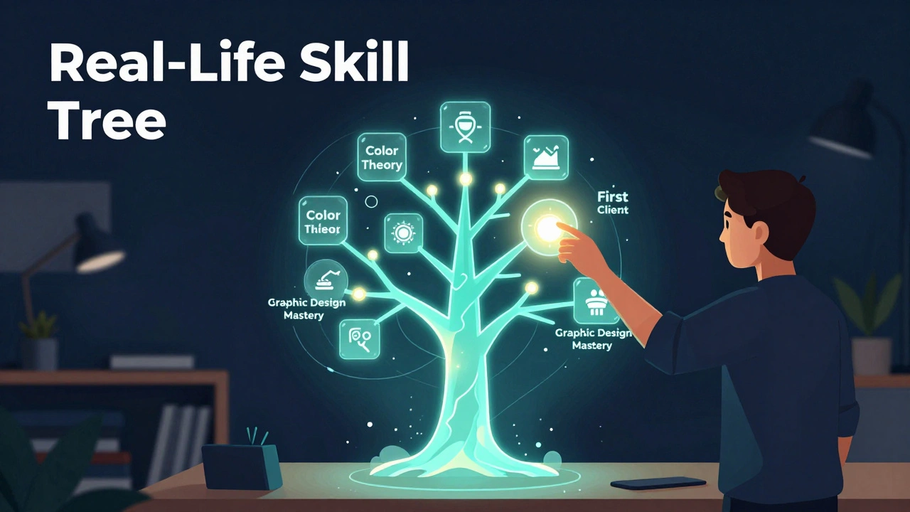 A person interacting with a holographic skill tree representing real-life professional goals.