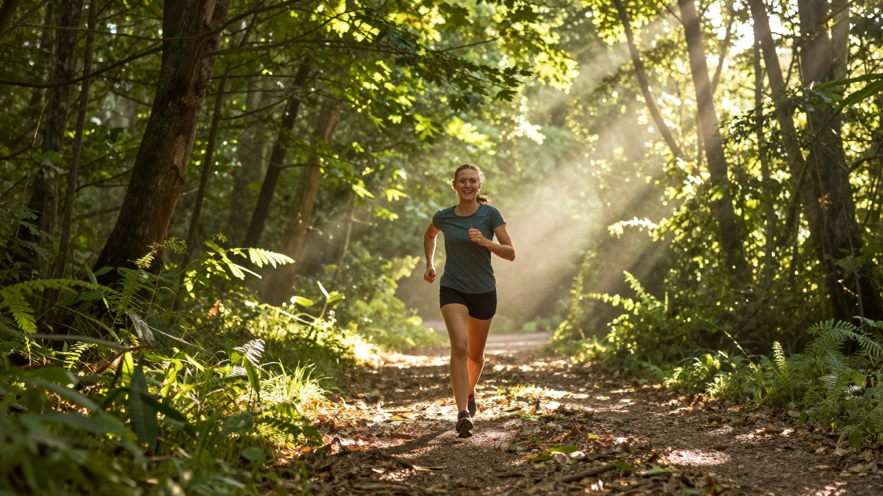 A person jogging on a sunny forest path with a joyful expression of euphoria.