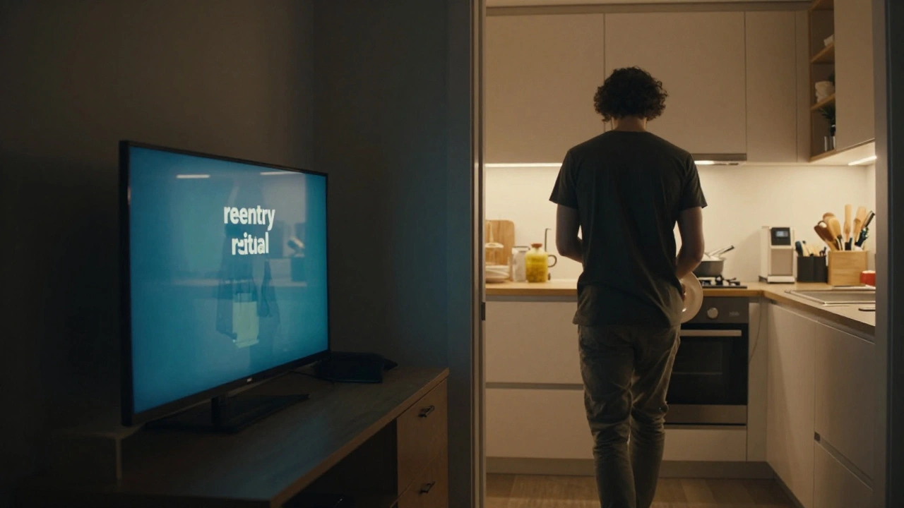 A person practicing a grounding ritual by washing dishes after turning off a video game.
