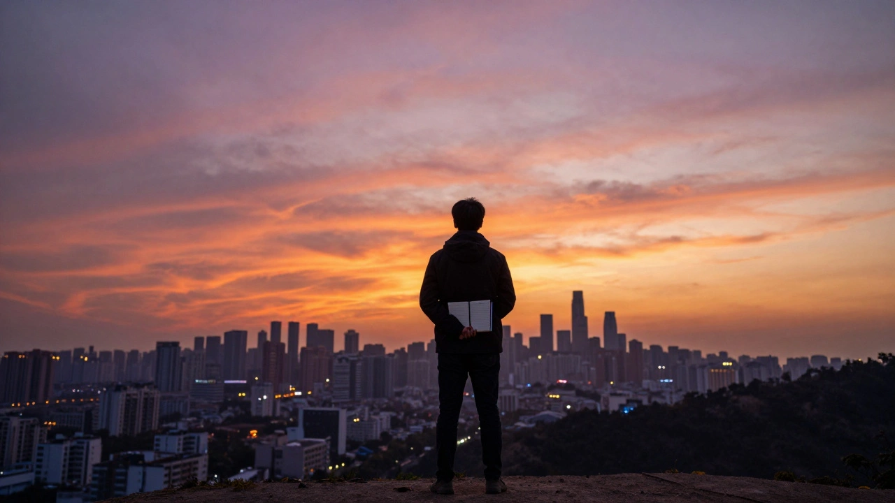 A person standing on a hill at sunset holding a journal, overlooking a city.