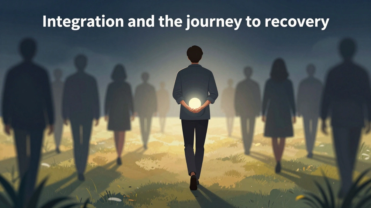 A person stepping from a shadowy group into a sunlit landscape, carrying a glowing orb of strength.