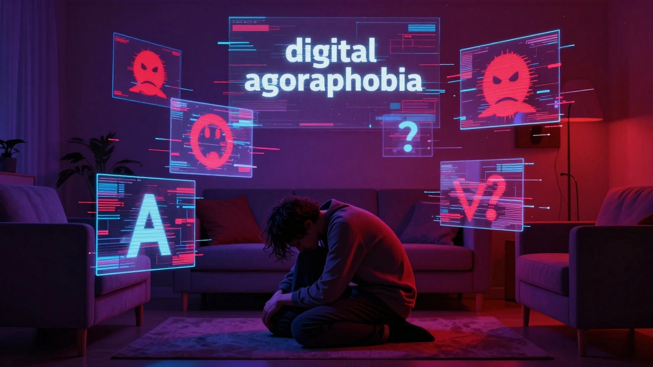 A person surrounded by glitchy holographic screens representing digital harassment.