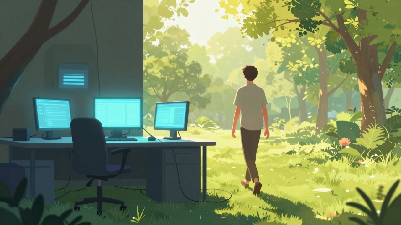 A person walking away from a computer desk toward a bright, sunny outdoor landscape.